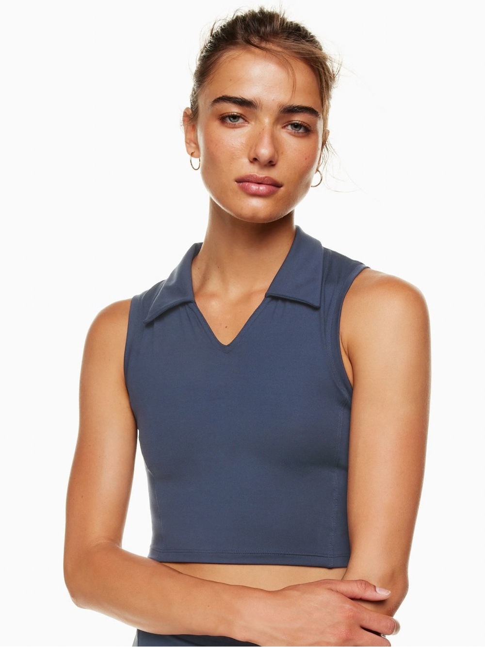 Aritzia TNA Sleeveless Collared V-Neck Crop Top Outlast Tank Navy Blue Small
